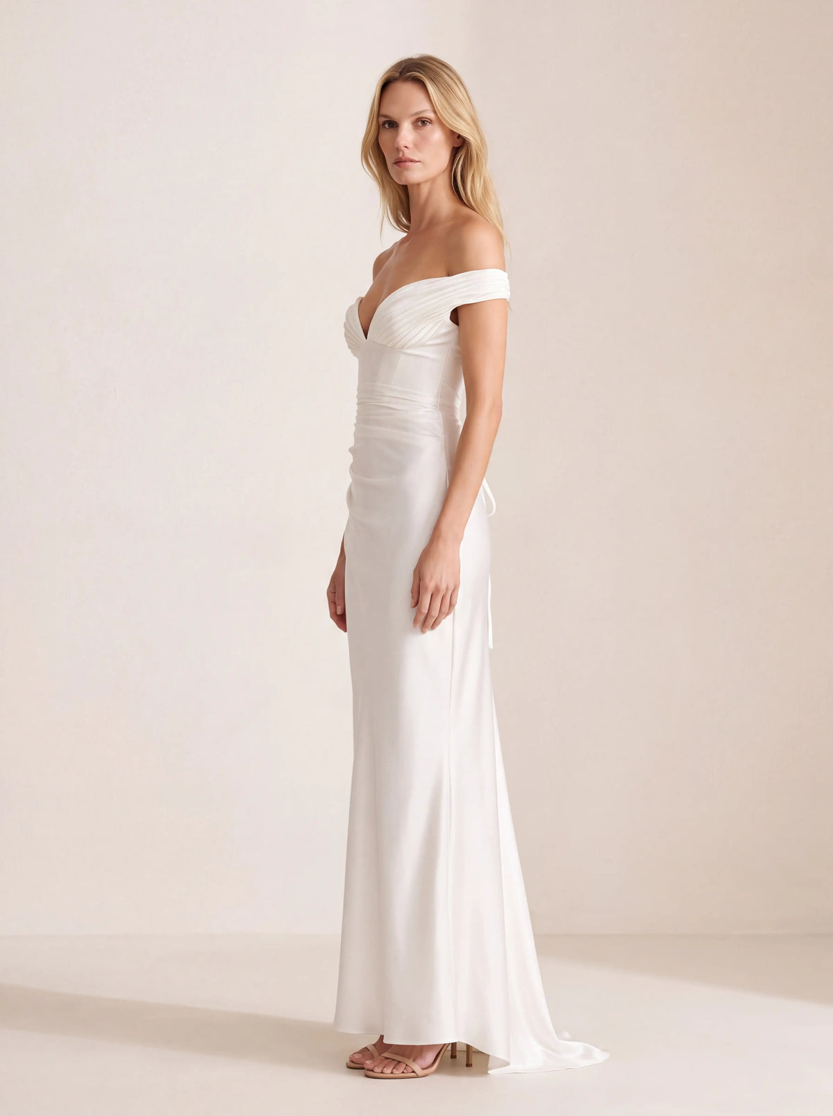 Eglantine Off Shoulder Corset Satin Maxi Dress - Ivory