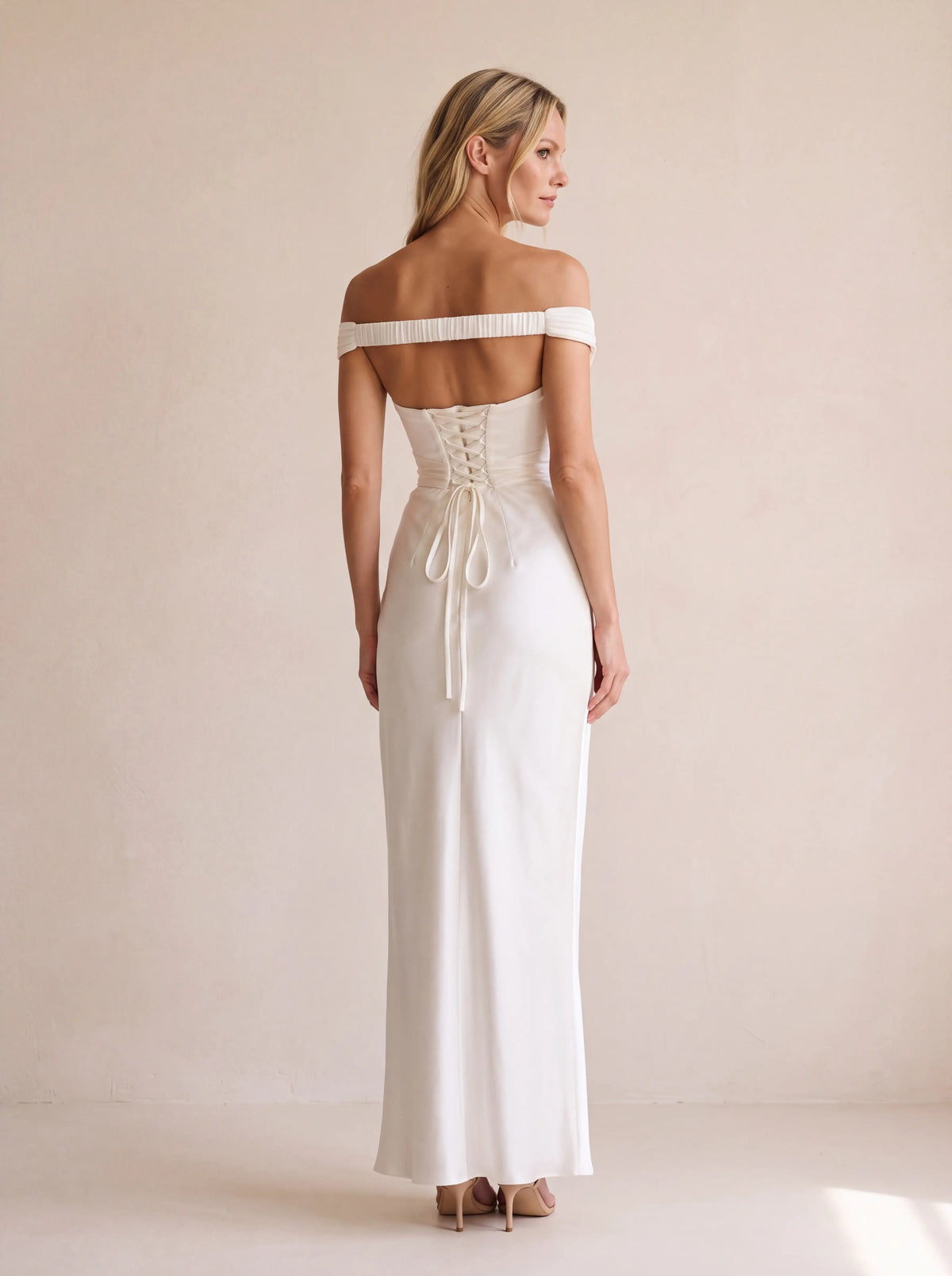 Eglantine Off Shoulder Corset Satin Maxi Dress - Ivory