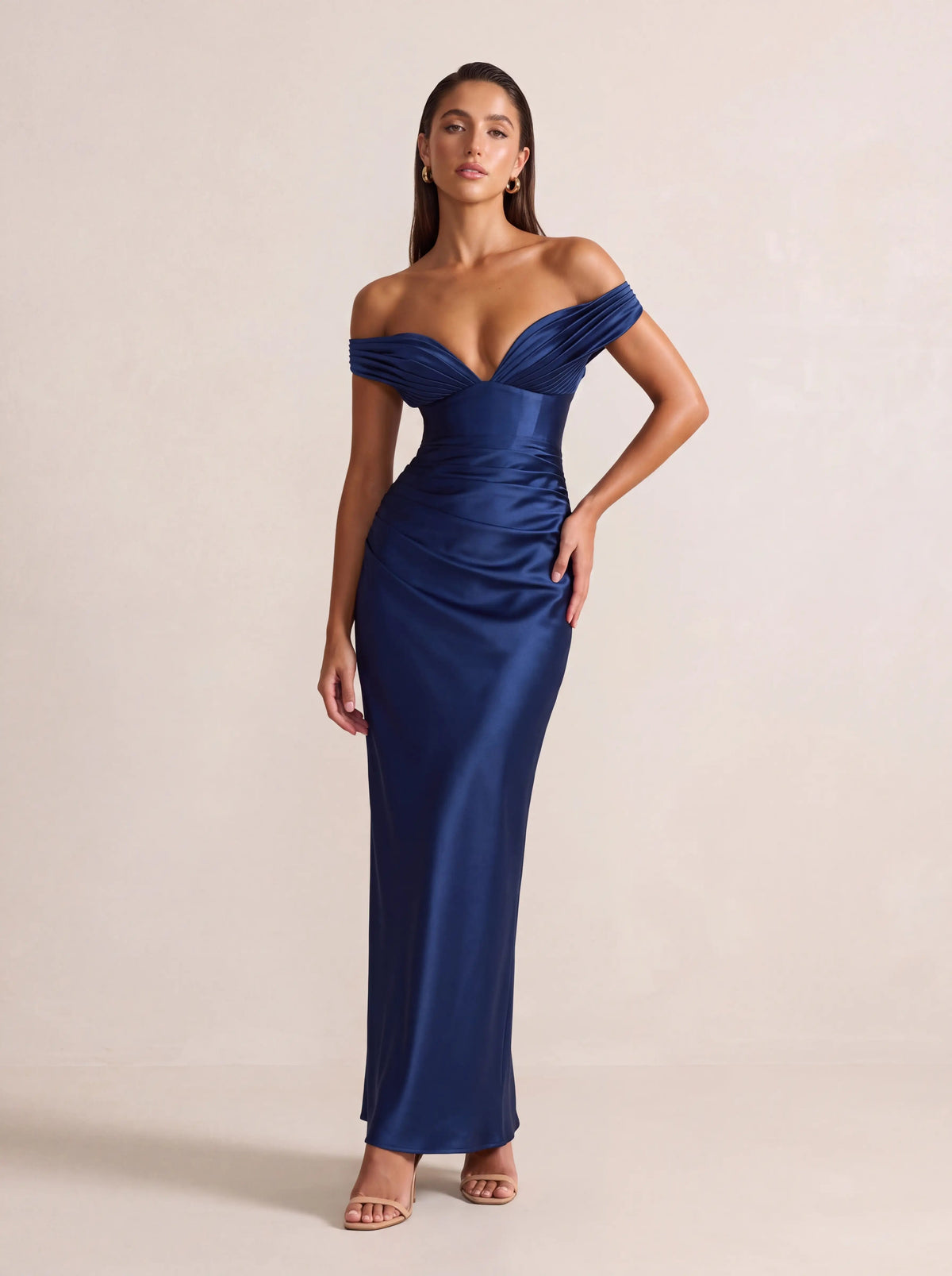 Eglantine Off Shoulder Corset Satin Maxi Dress - Navy