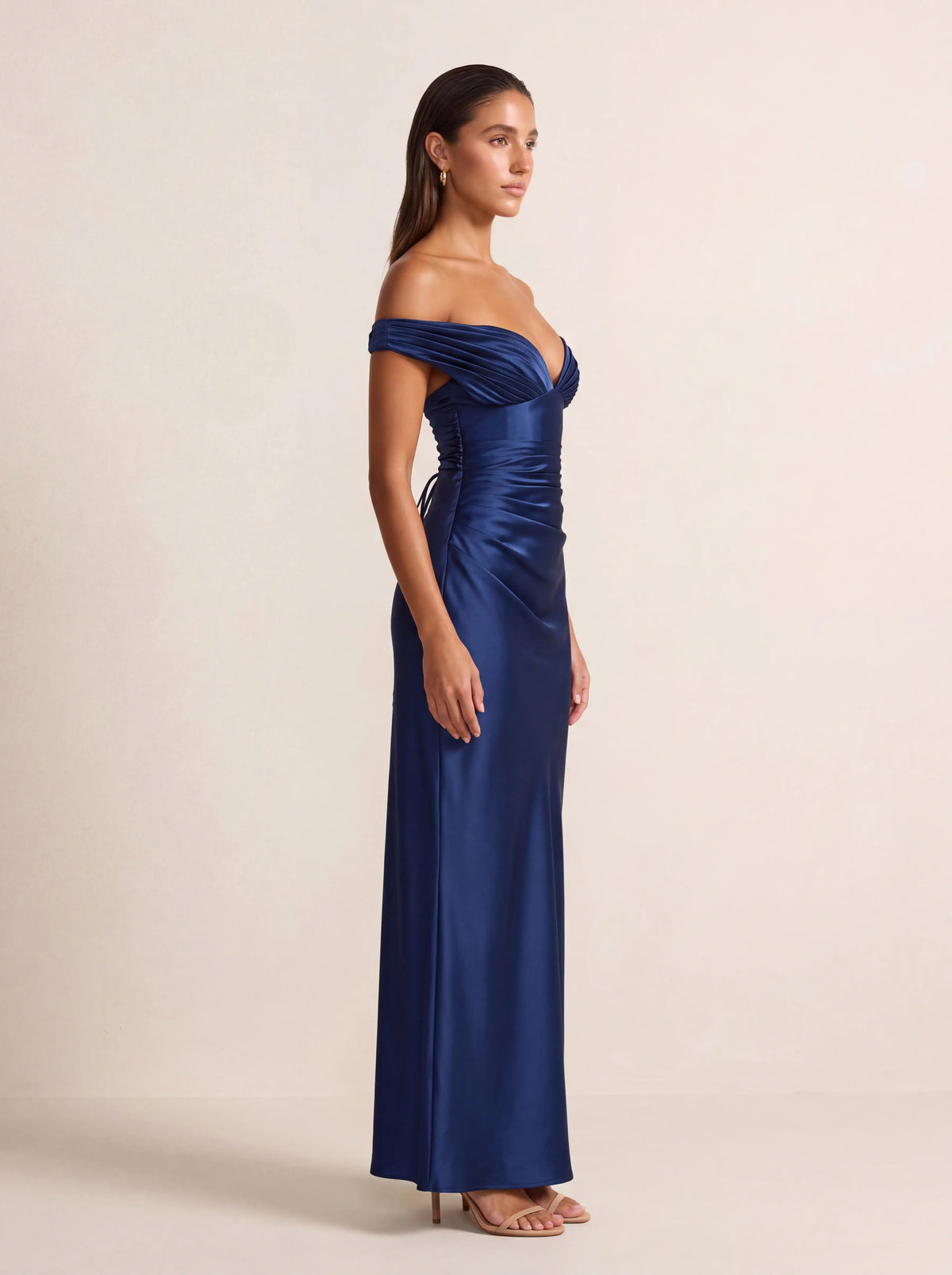 Eglantine Off Shoulder Corset Satin Maxi Dress - Navy