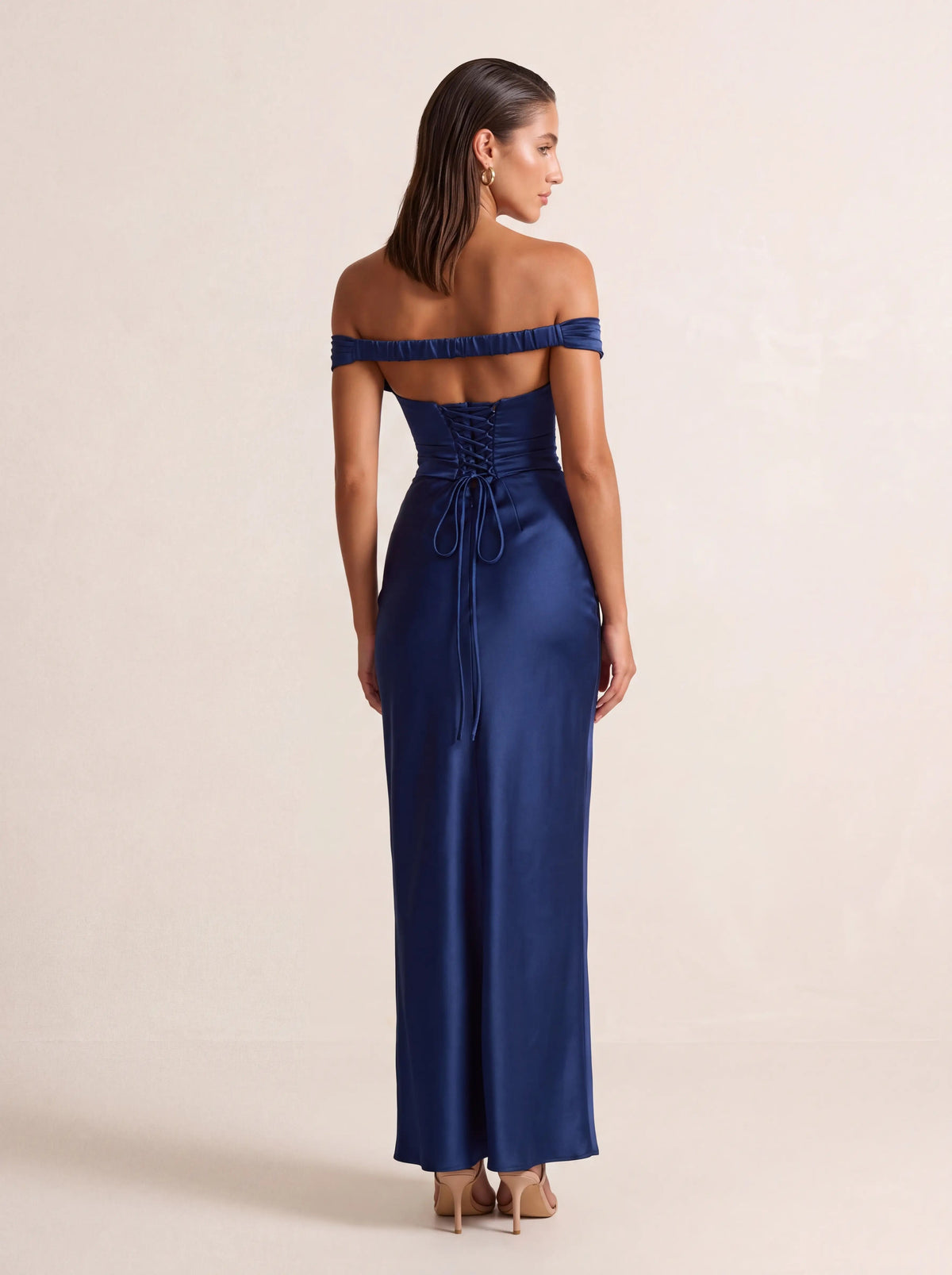 Eglantine Off Shoulder Corset Satin Maxi Dress - Navy