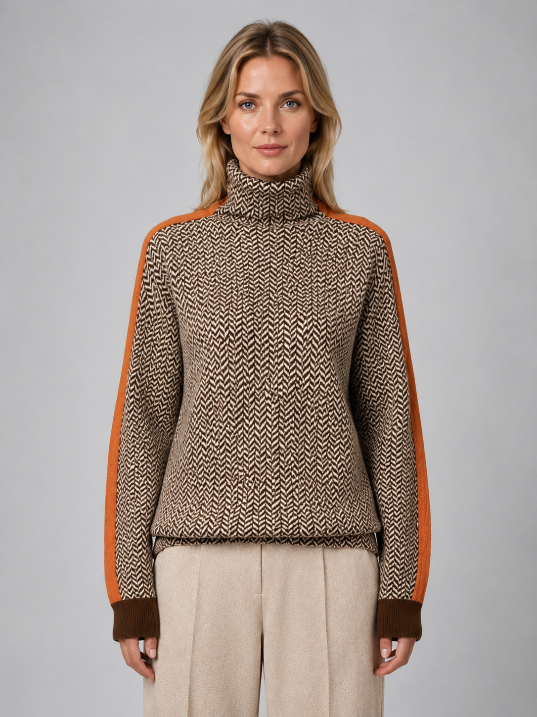 Elouise Herringbone Turtleneck Sweater - Orange