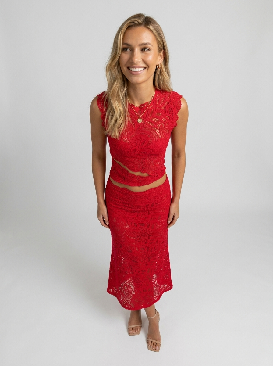 Elowyn Cutout Lace Skirt Set - Red