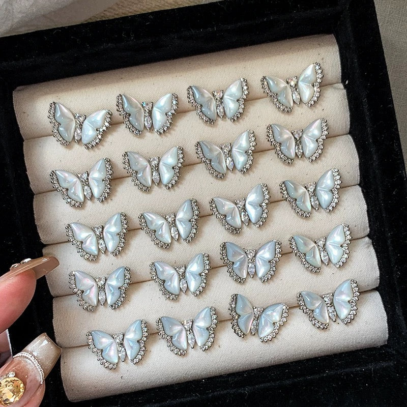 Emeline Pearl Butterfly Stud Earrings - Silver