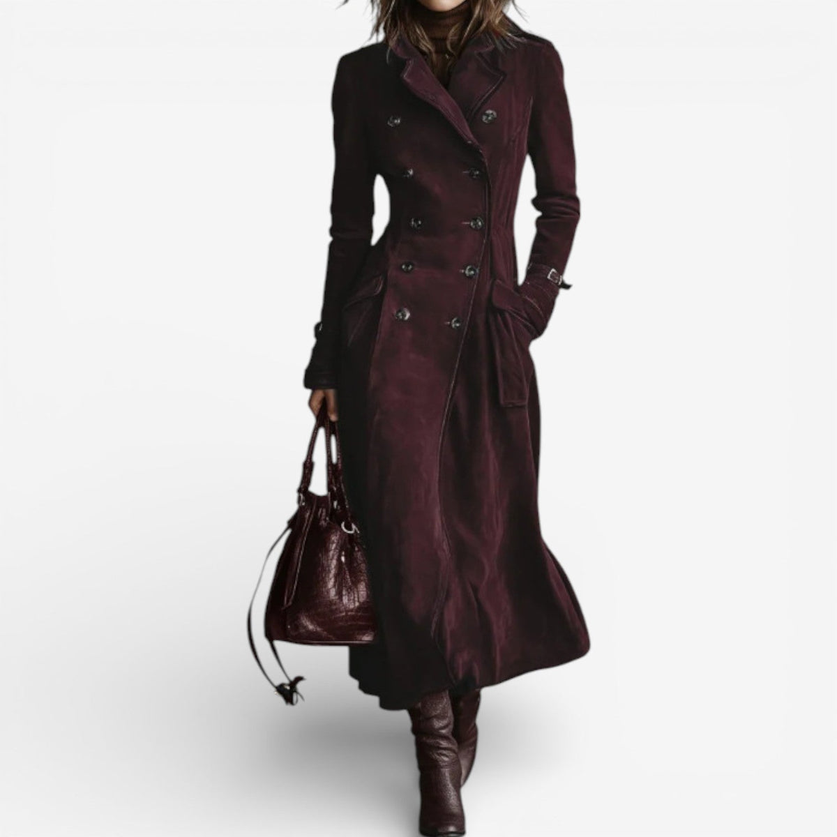 Eulalia Double-Breasted Long Trench Coat - Burgundy
