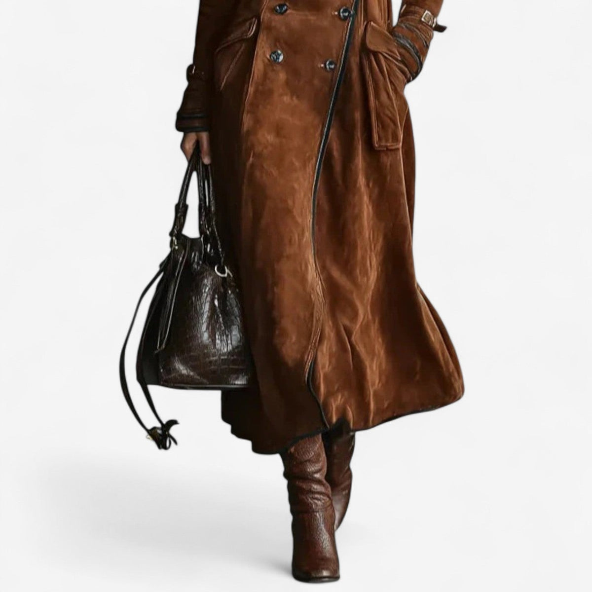 Eulalia Double-Breasted Long Trench Coat - Caramel Brown