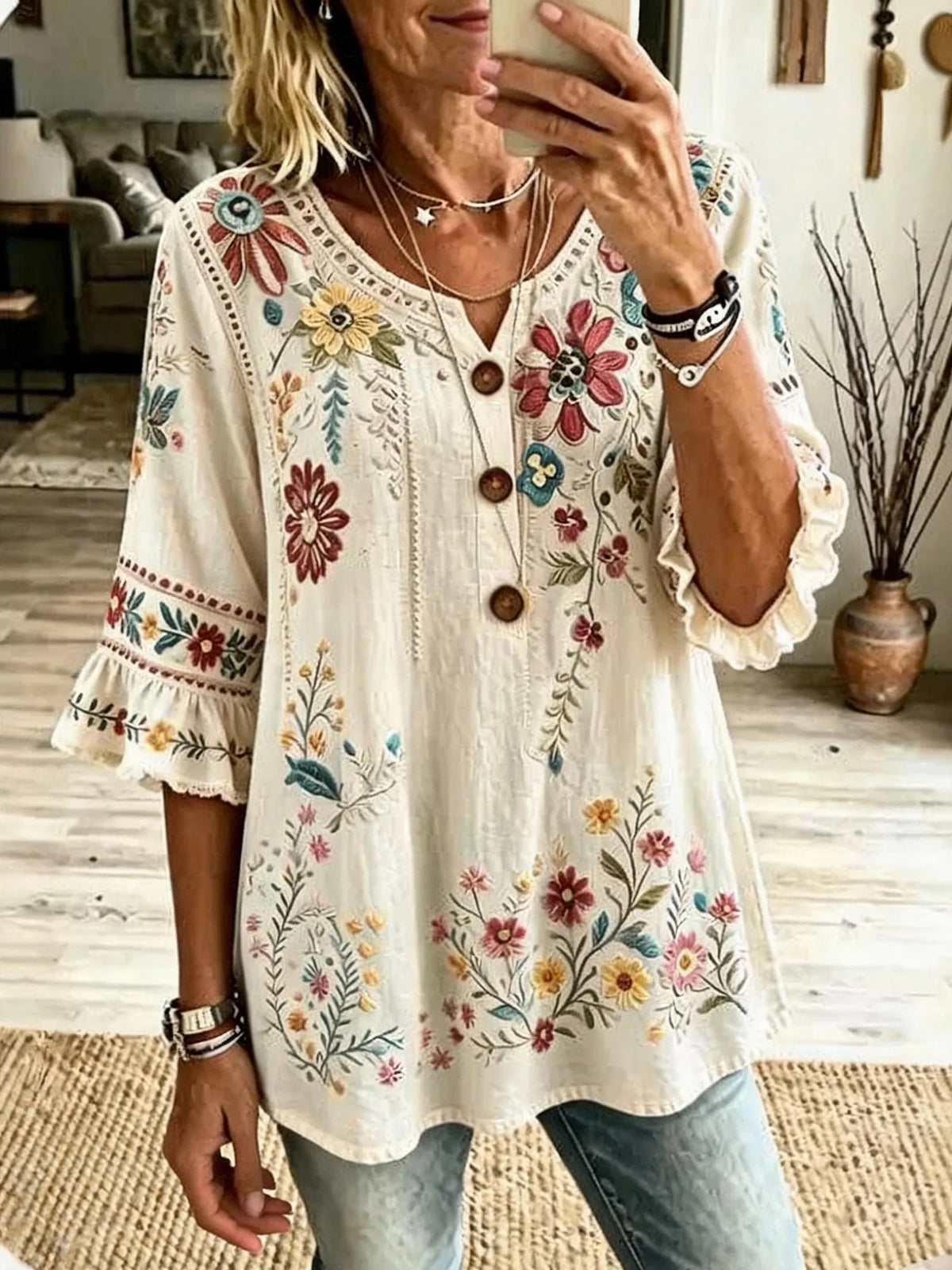 Felisa Floral Button Front Blouse - Ivory Floral