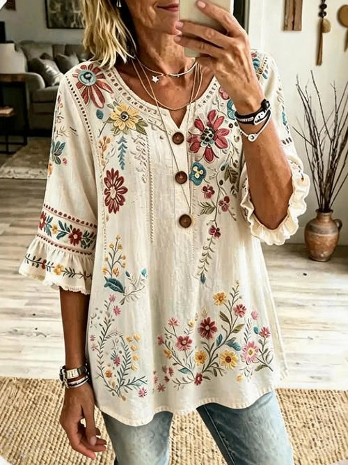 Felisa Floral Button Front Blouse - Ivory Floral