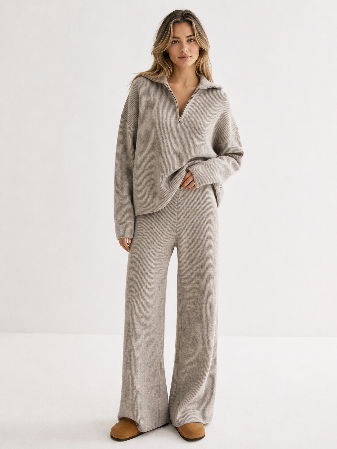 Fiorella Wool-Blend Quarter-Zip Set - Oatmeal