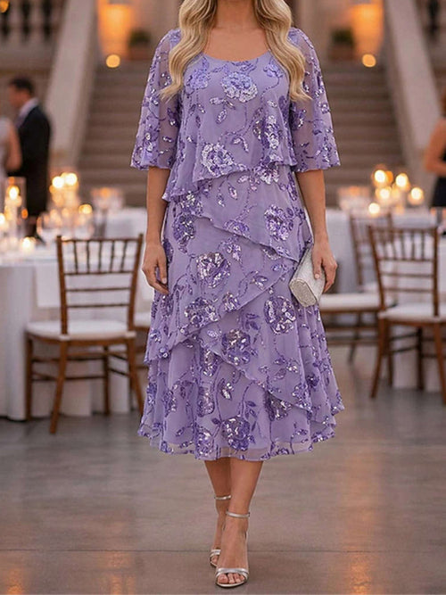 Florencia Tiered Floral Half Sleeve Midi Dress - Lavender Floral