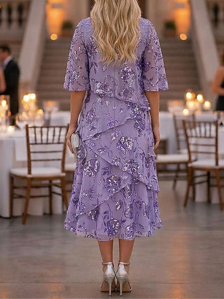 Florencia Tiered Floral Half Sleeve Midi Dress - Lavender Floral