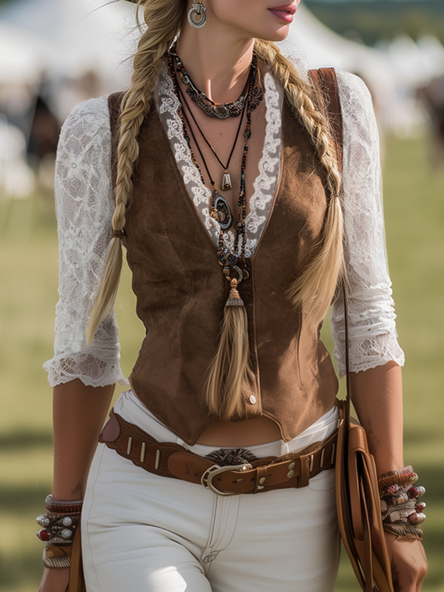Gaelle Western Lace Sleeve Top - Brown