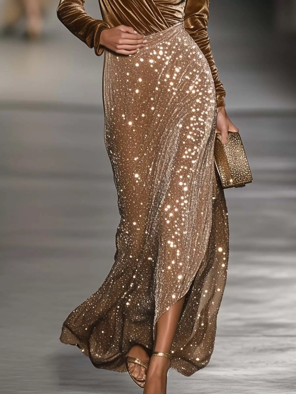 Galya Velvet Top Sequin Skirt Set - Camel