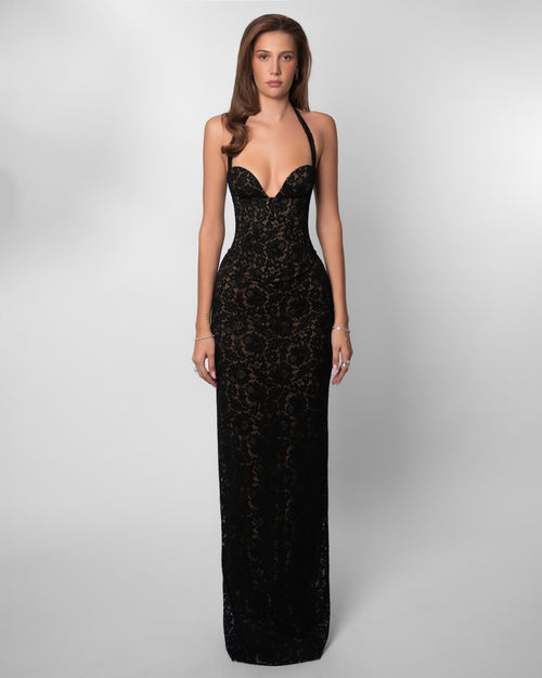 Garnet Lace Halter Corset Maxi Dress - Black
