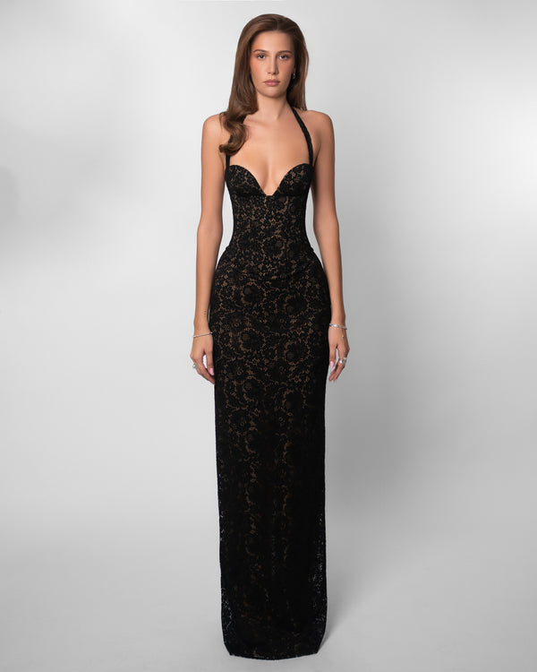 Garnet Lace Halter Corset Maxi Dress