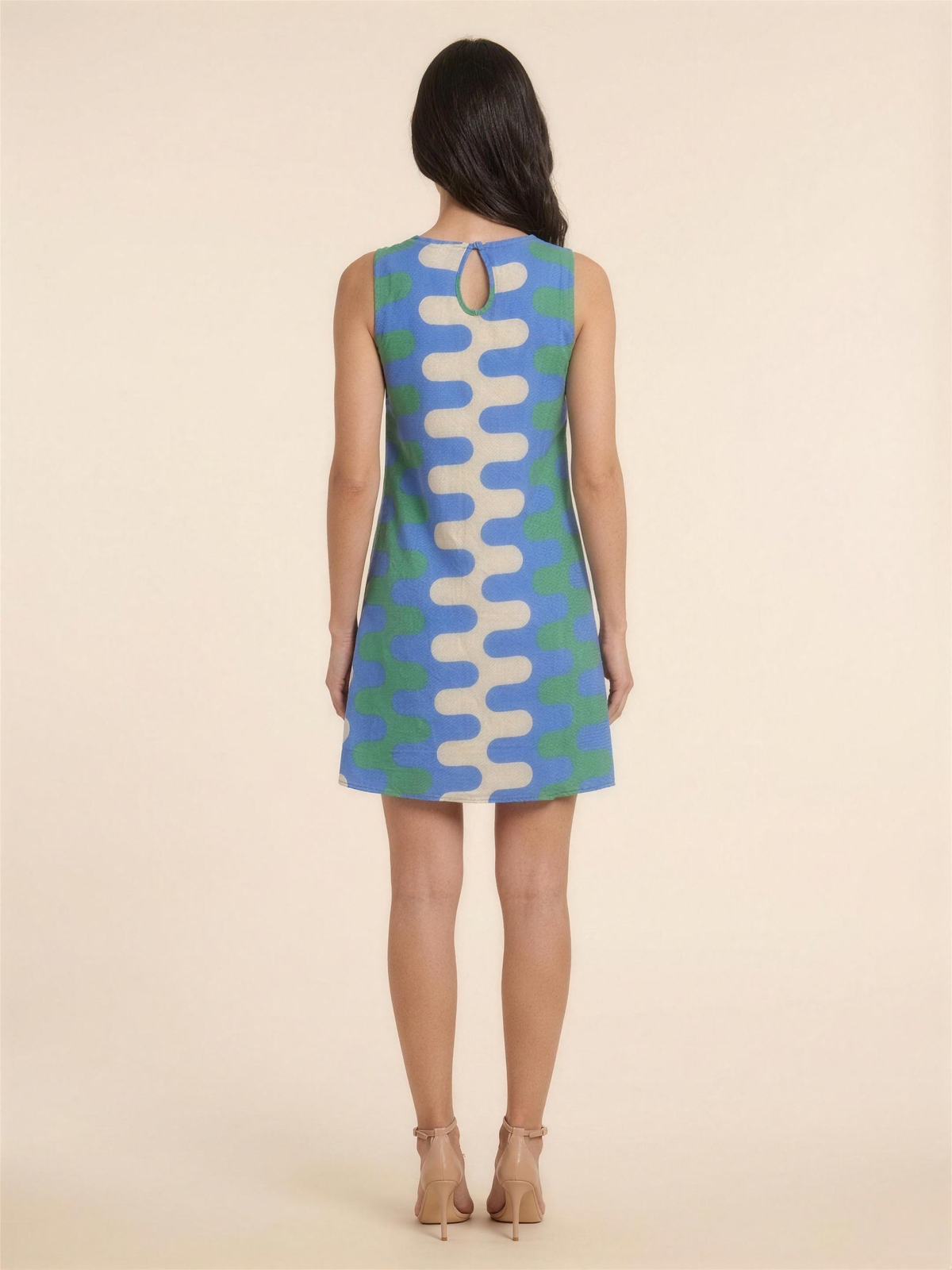 Gelsey Sleeveless A-Line Shift Mini Dress - Blue Wave Print