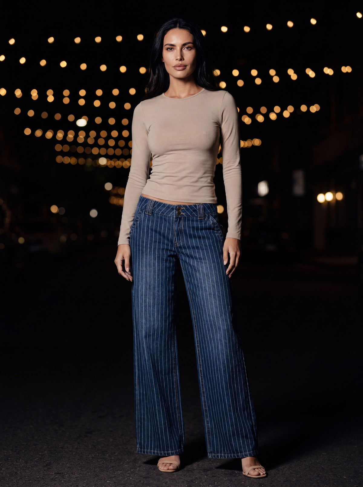 Gilly Pinstripe Low Rise Wide Leg Jeans - Medium Blue