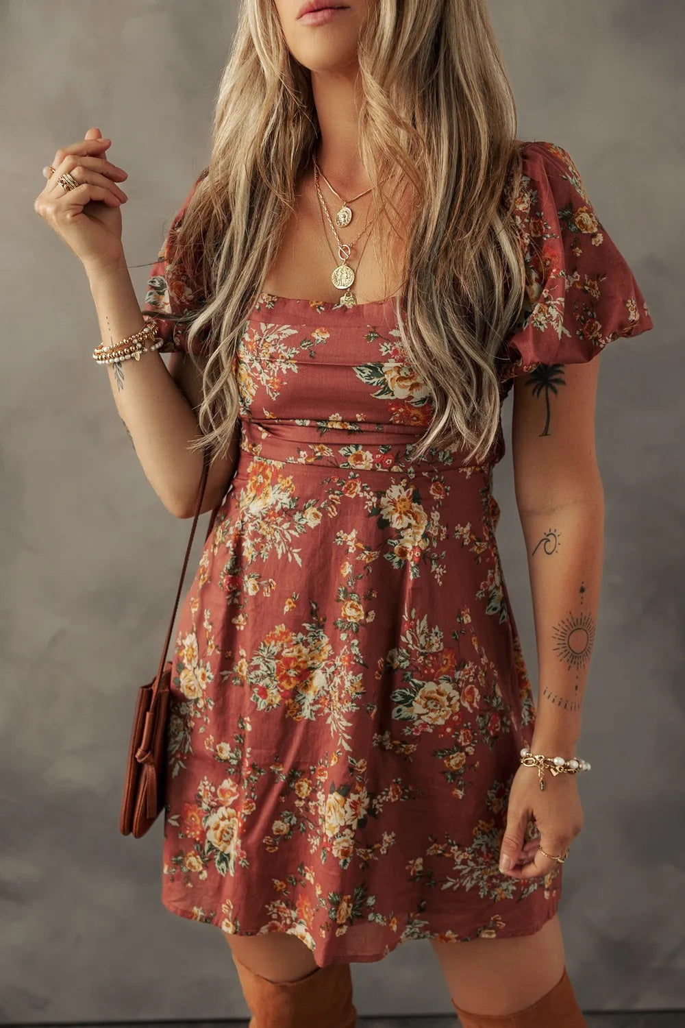 Gita Floral Puff Sleeve Mini Dress - Rust Floral