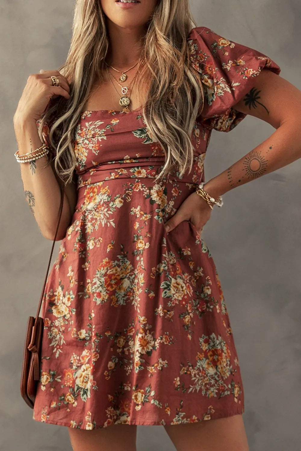Gita Floral Puff Sleeve Mini Dress - Rust Floral