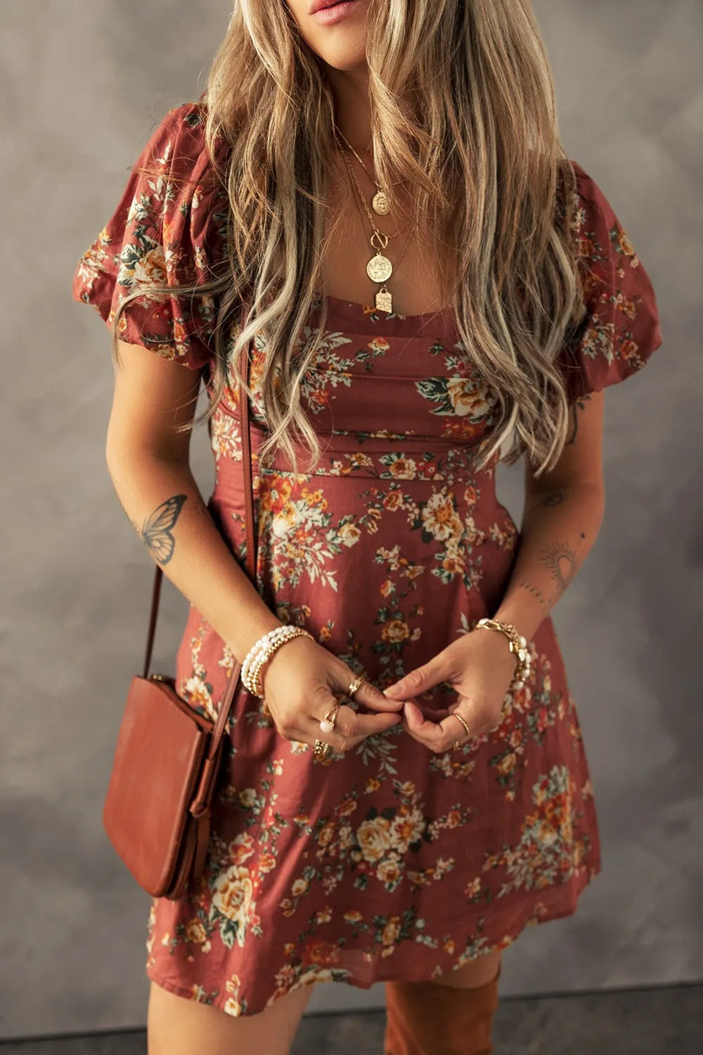 Gita Floral Puff Sleeve Mini Dress - Rust Floral