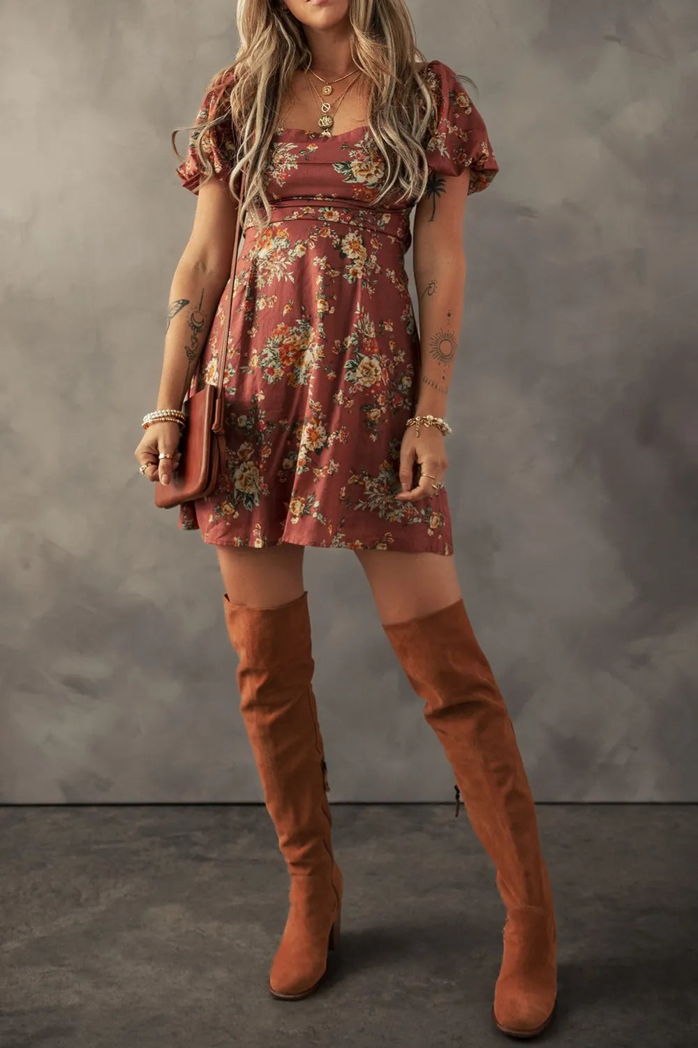 Gita Floral Puff Sleeve Mini Dress - Rust Floral