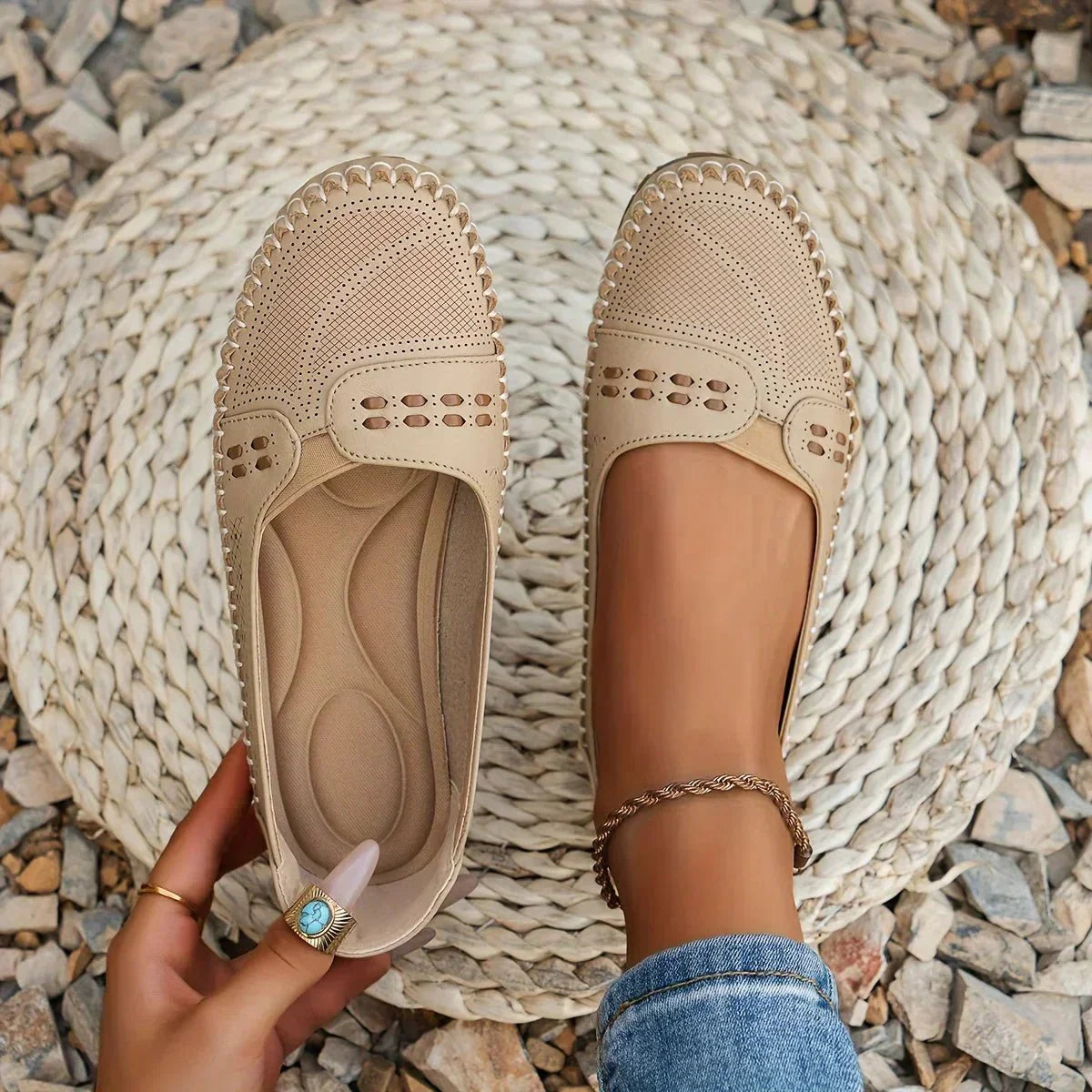 Giuliana Perforated Loafers - Beige