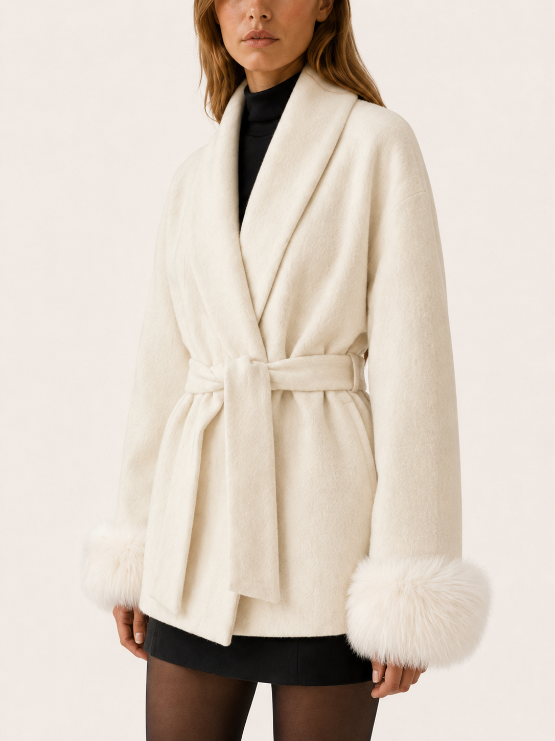 Goldie Faux Fur Shawl Collar Wrap Coat - Ivory