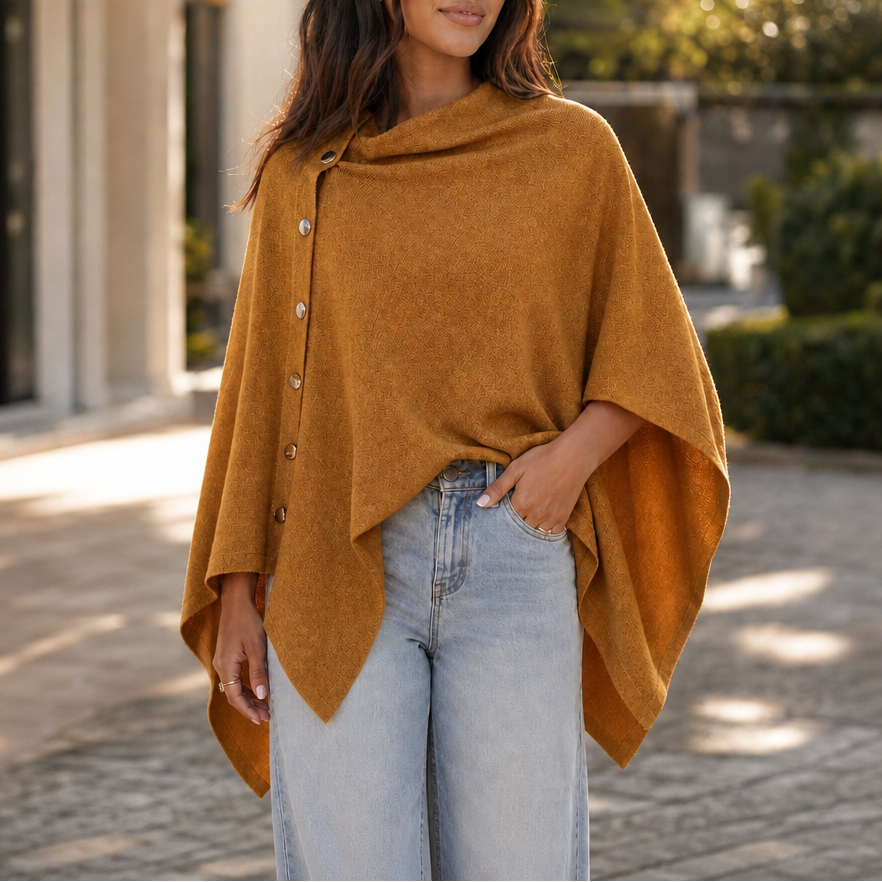 Gracelyn Side-Button Convertible Poncho Wrap - Mustard