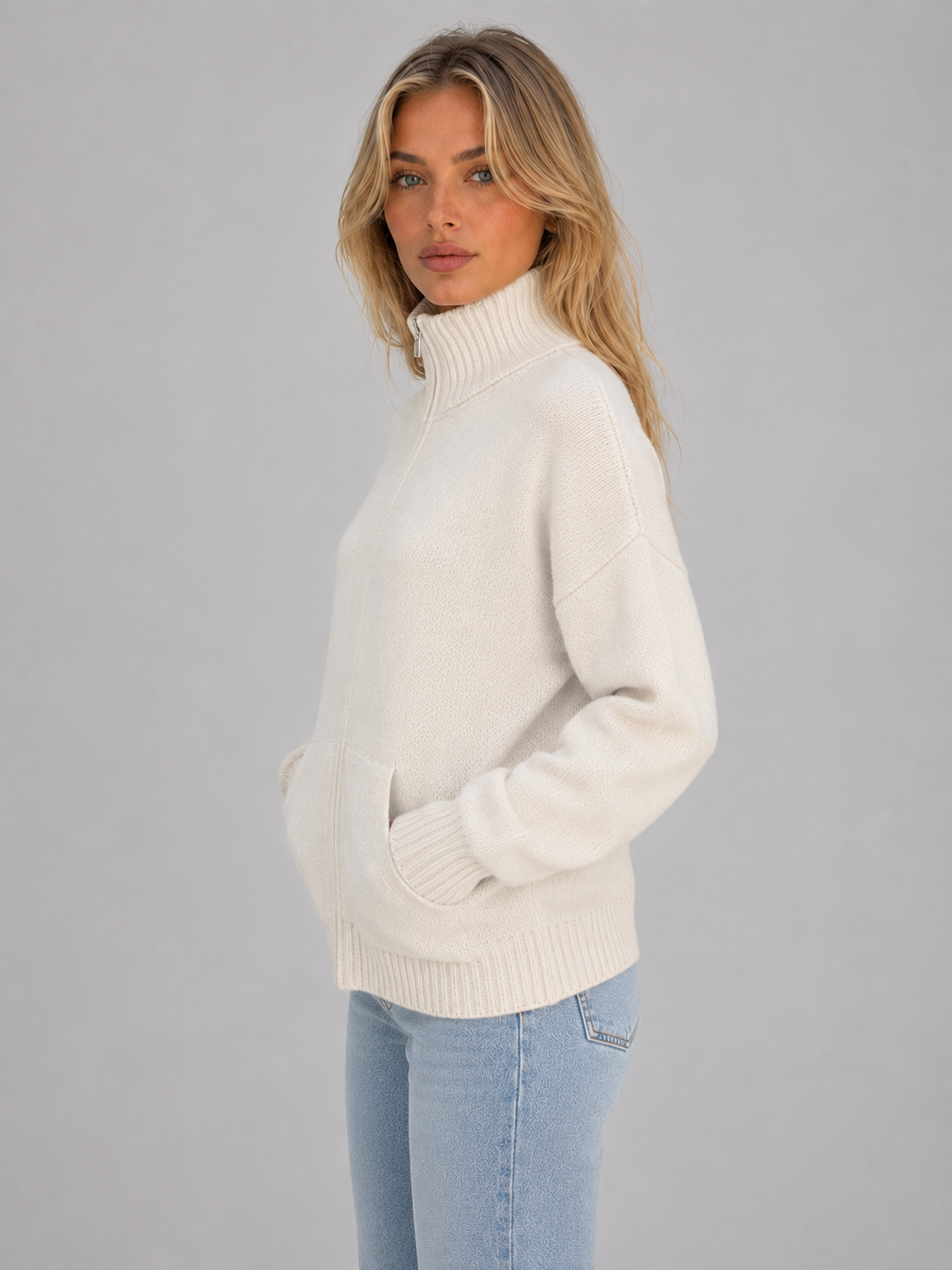 Gracen Zip-Up Funnel Neck Knit Cardigan - Cream