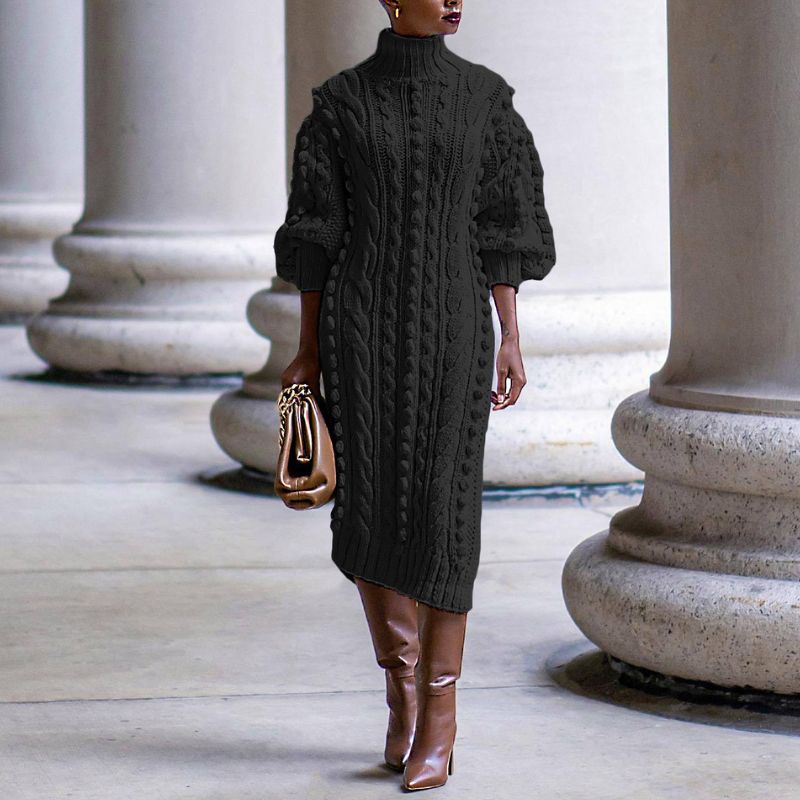 Gwendolen Cable Knit High Neck Midi Dress - Black