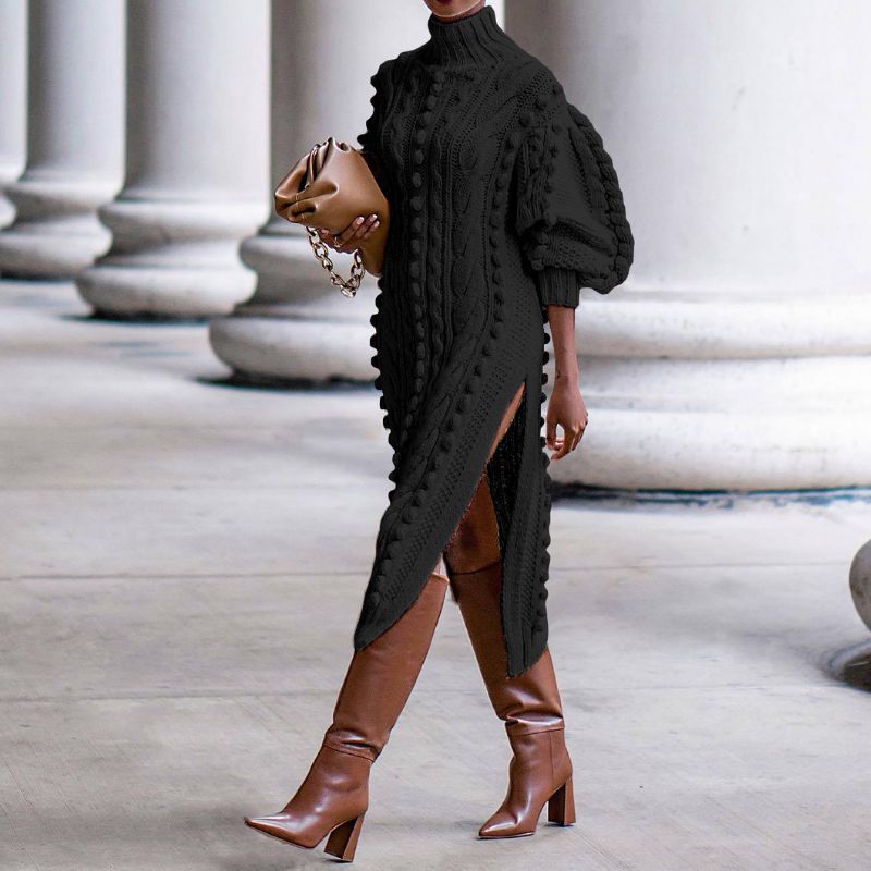 Gwendolen Cable Knit High Neck Midi Dress - Black