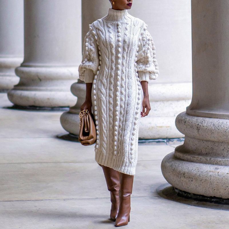 Gwendolen Cable Knit High Neck Midi Dress - Ivory