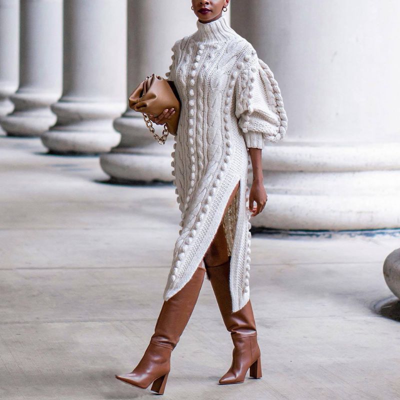 Gwendolen Cable Knit High Neck Midi Dress - Ivory