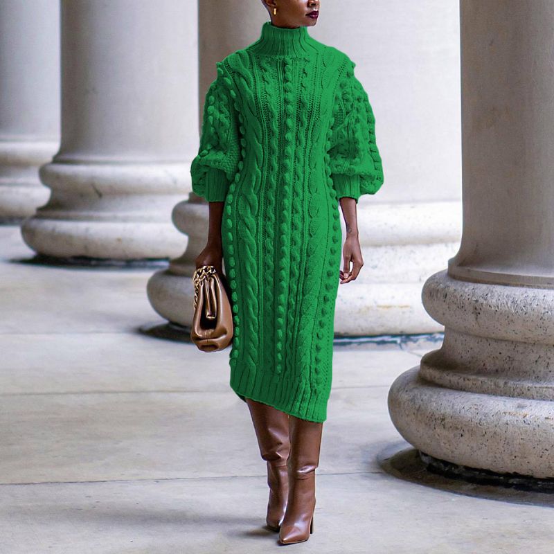 Gwendolen Cable Knit High Neck Midi Dress - Kelly Green