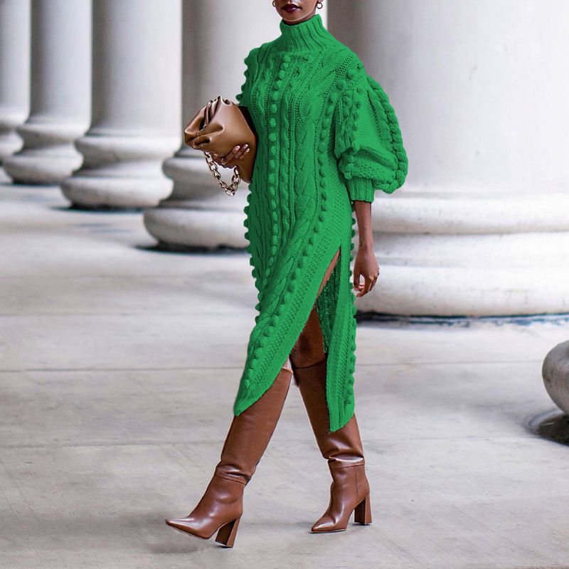 Gwendolen Cable Knit High Neck Midi Dress - Kelly Green
