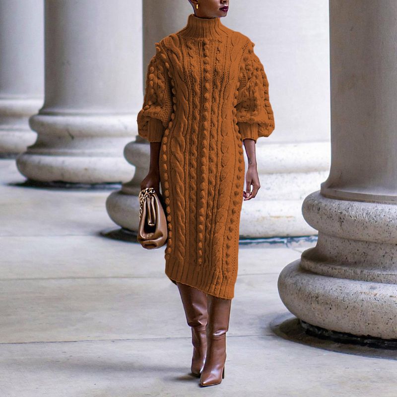 Gwendolen Cable Knit High Neck Midi Dress - Rust Brown
