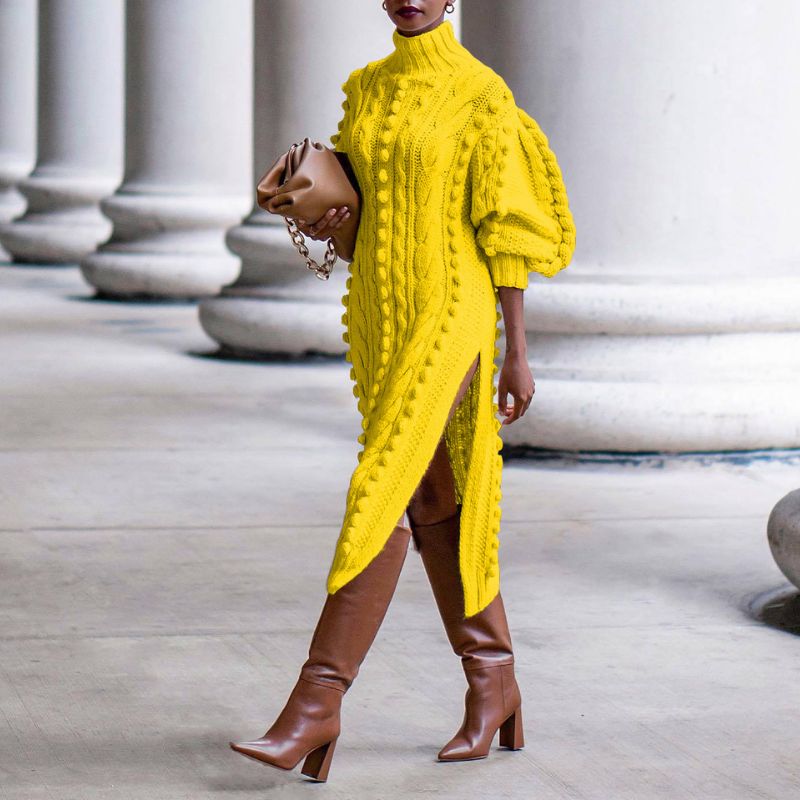 Gwendolen Cable Knit High Neck Midi Dress - Yellow