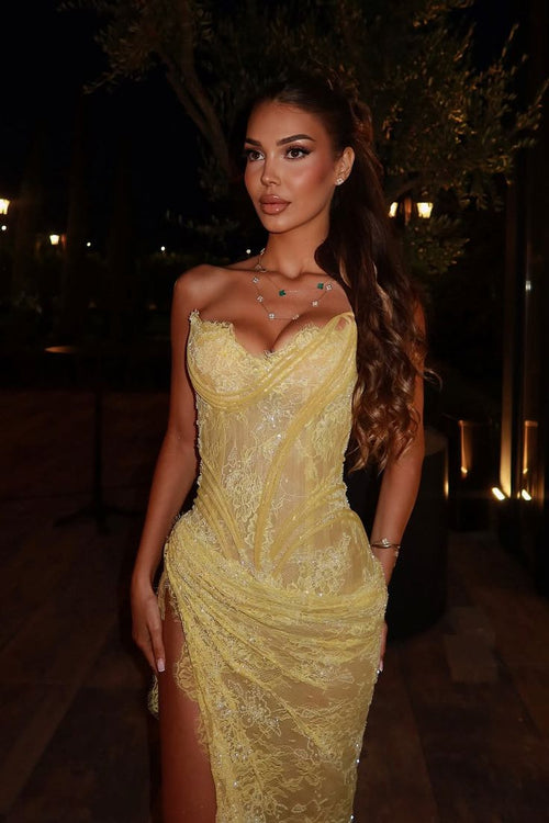 Gwyn Strapless Lace Mermaid Gown - Butter Yellow