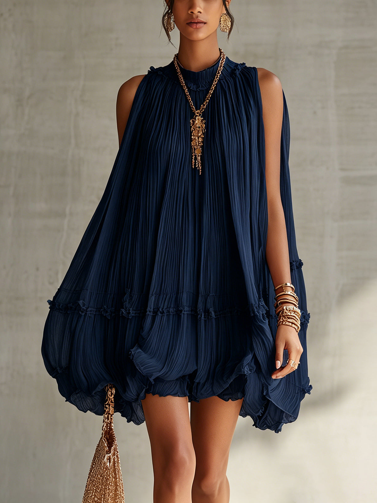 Hanne Pleated Halter Bubble Mini Dress - Navy Blue