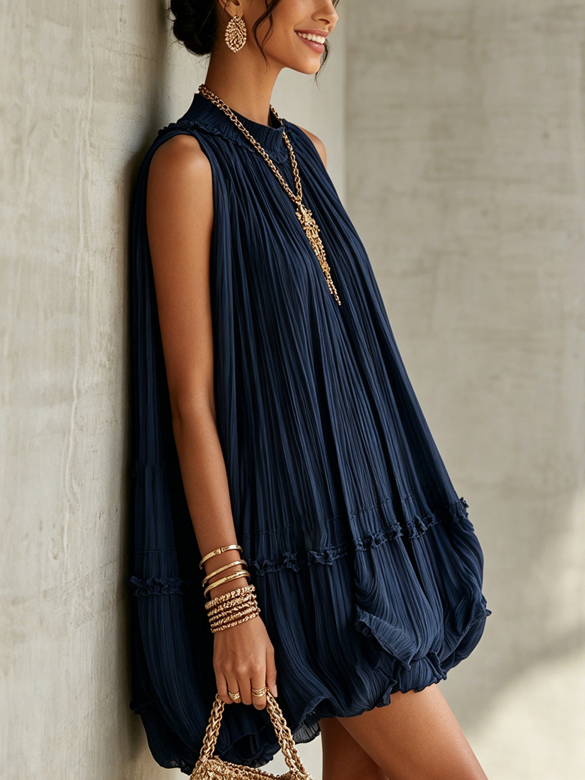 Hanne Pleated Halter Bubble Mini Dress - Navy Blue