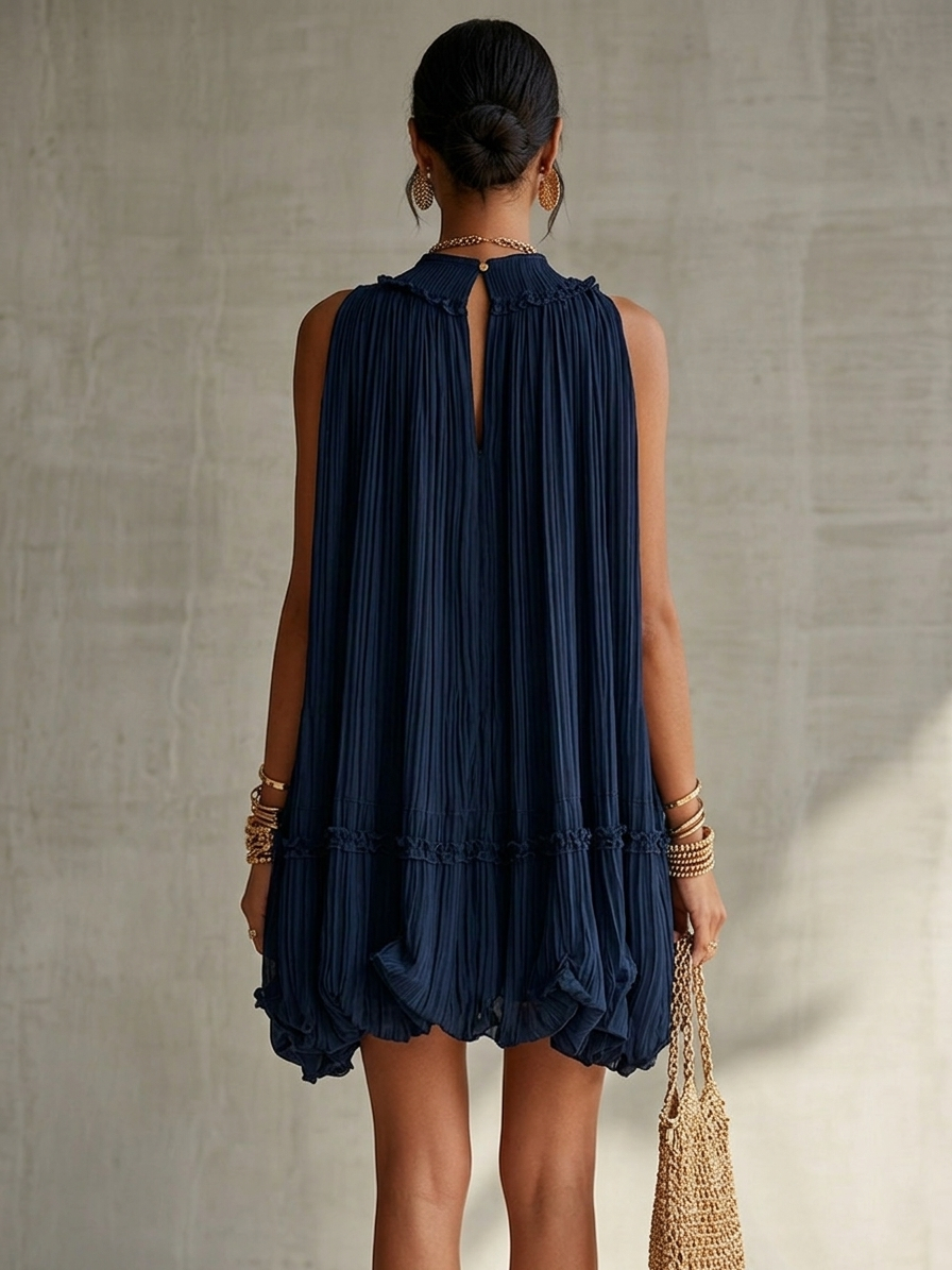 Hanne Pleated Halter Bubble Mini Dress - Navy Blue