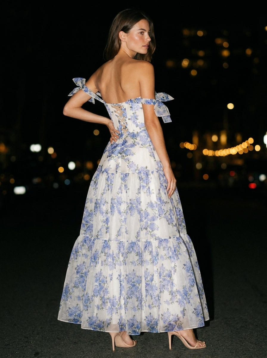 Heliane Off Shoulder Tiered Floral Maxi Dress - Blue and Ivory Floral