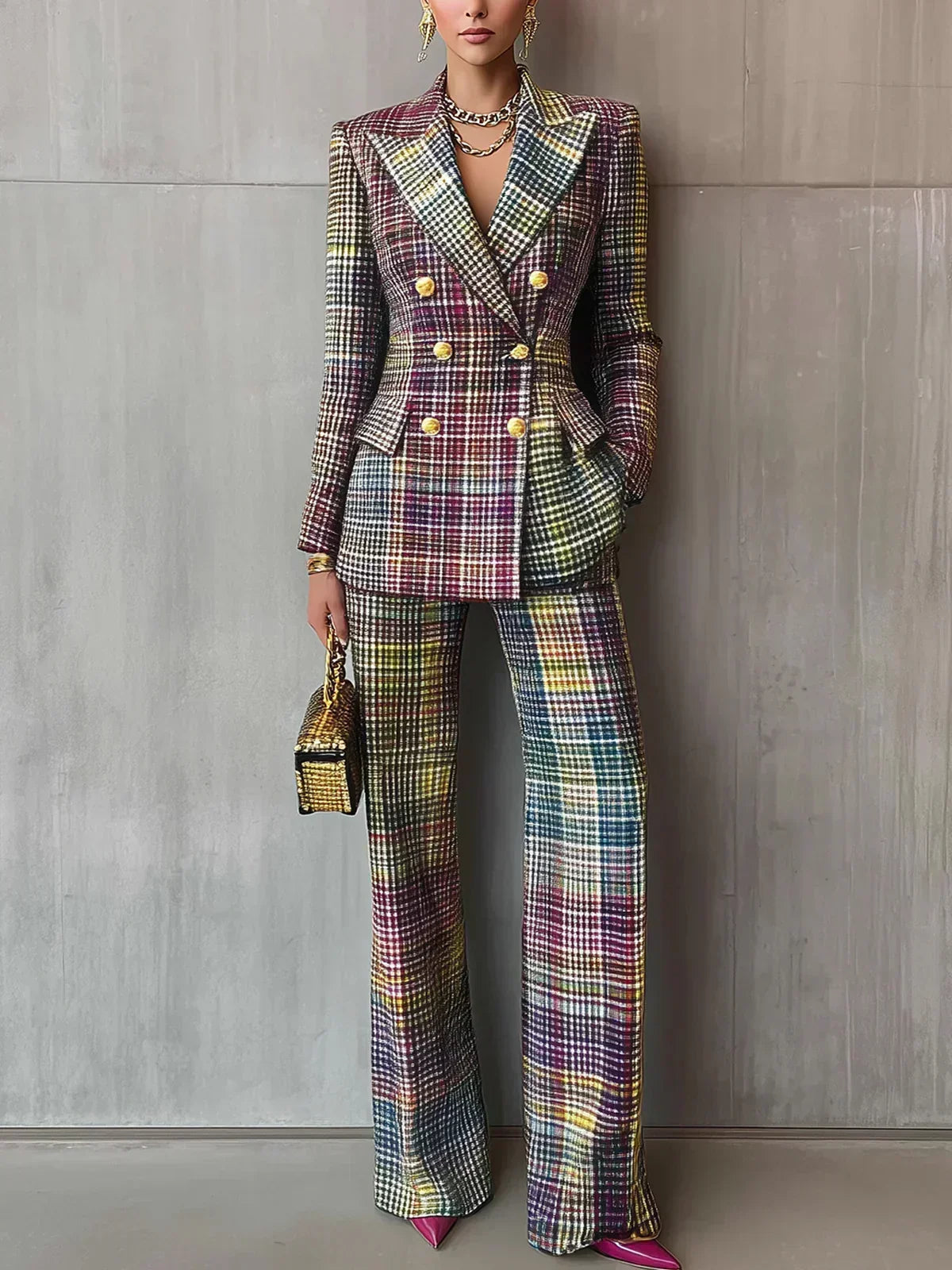 Hester Double-Breasted Blazer Pant Set - Pastel Plaid