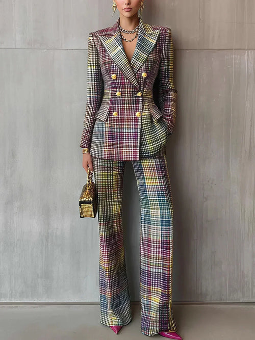 Hester Double-Breasted Blazer Pant Set - Pastel Plaid