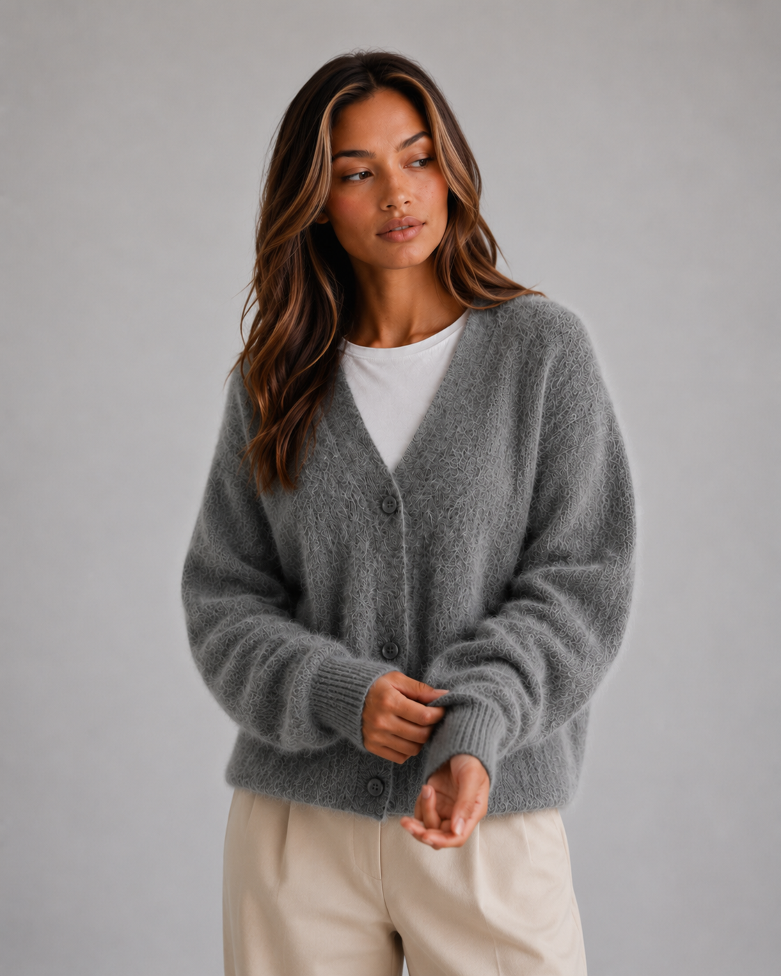 Hetta Fluffy V-Neck Button-Front Cardigan - Dark Gray