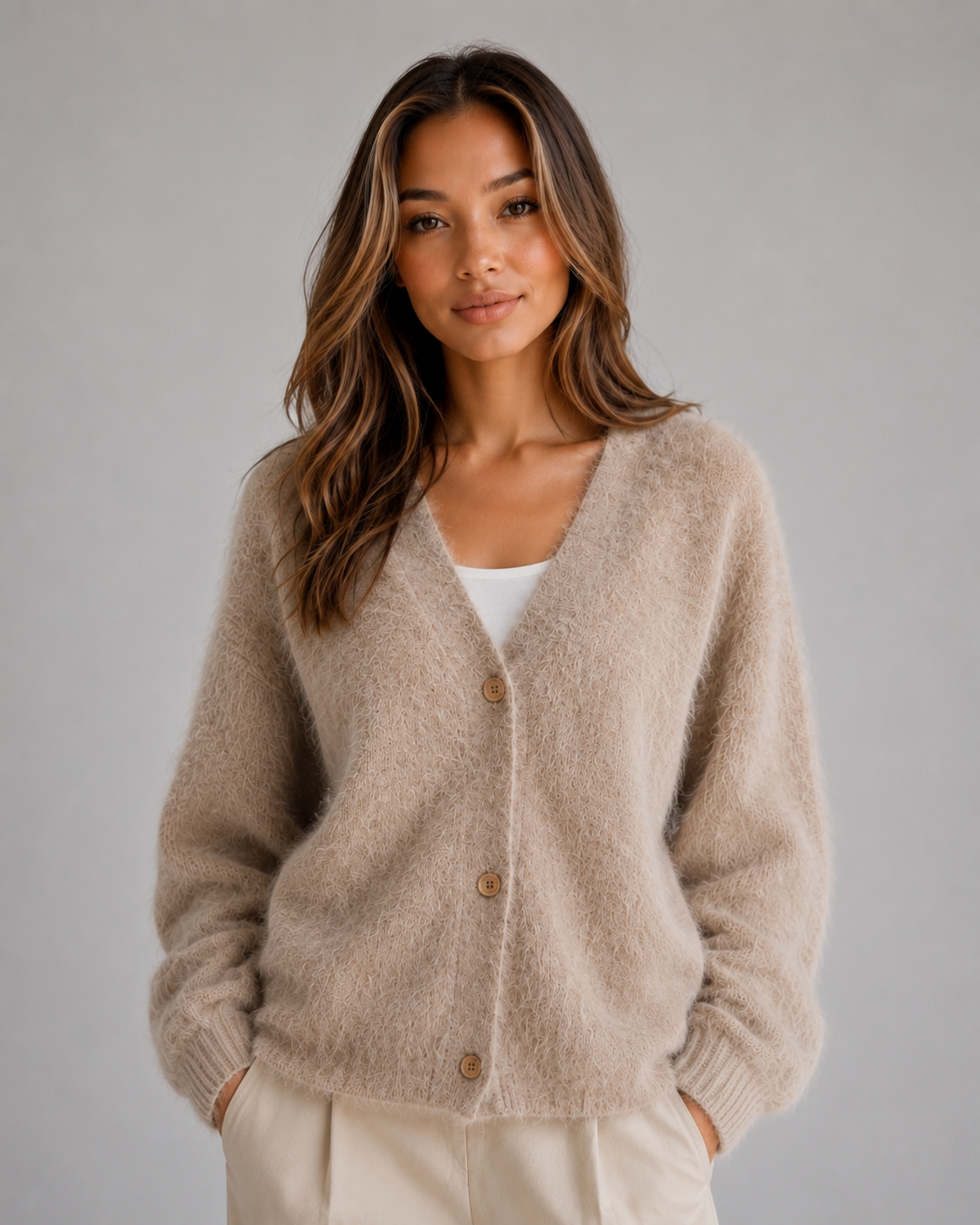 Hetta Fluffy V-Neck Button-Front Cardigan - Khaki