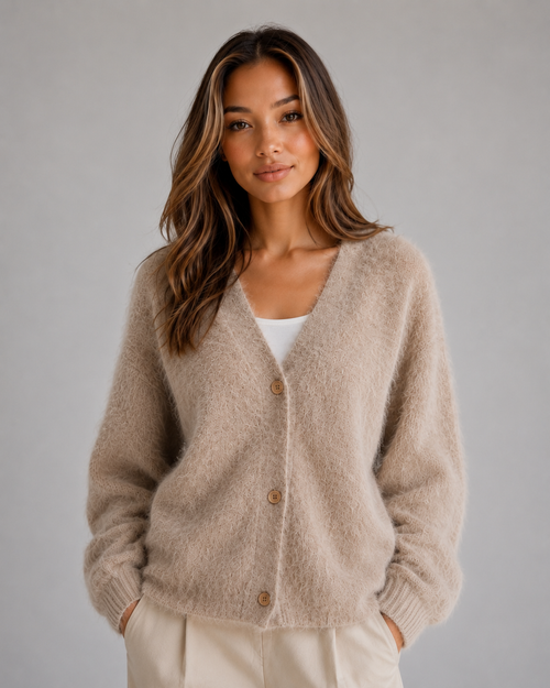 Hetta Fluffy V-Neck Button-Front Cardigan - Khaki