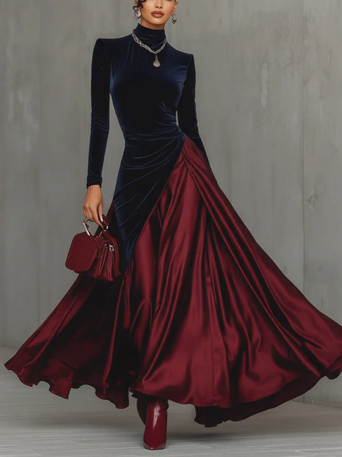 Honoria Velvet Satin Mock Neck Gown - Navy and Burgundy