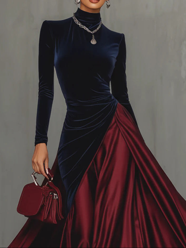 Honoria Velvet Satin Mock Neck Gown - Navy and Burgundy