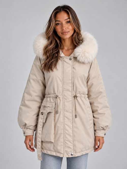 Ida Faux Fur Collar Drawstring Parka - Cream